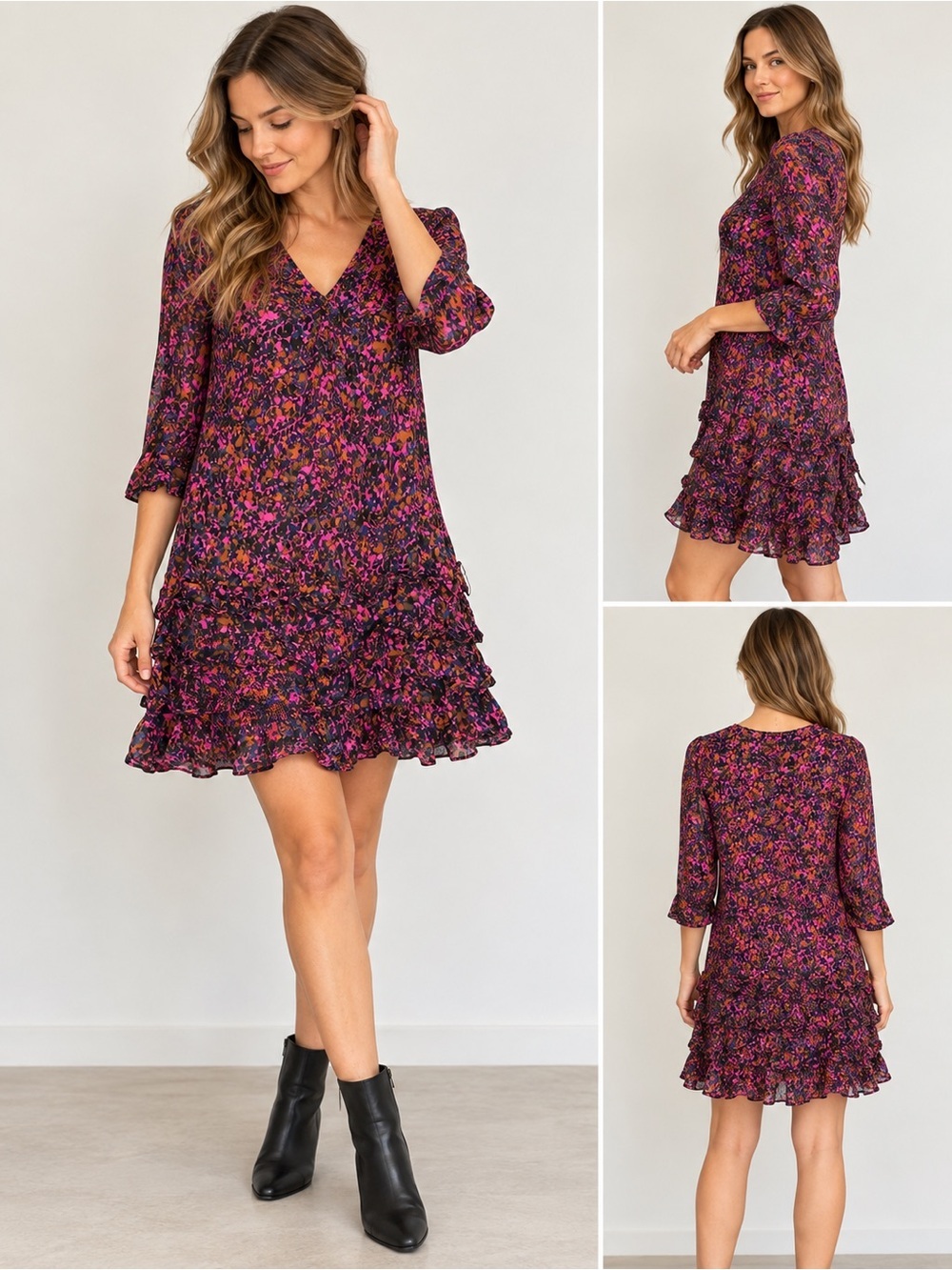 Axara Paris Floral Ruffle Dress Pink Purple Black Size 42